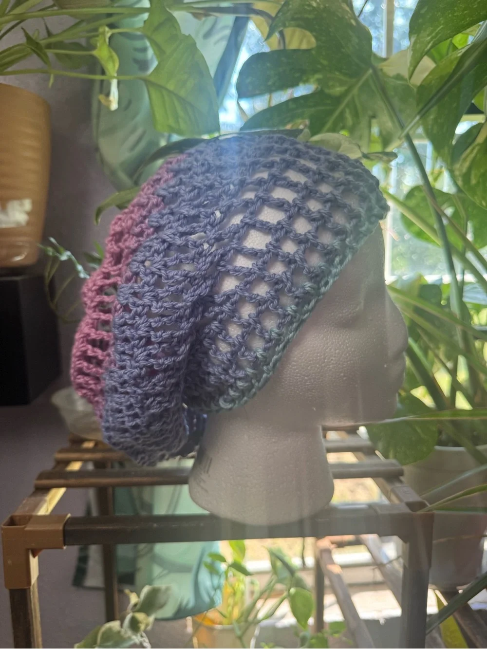 Handmade Crochet Beanie in Plum and Deep Blue
